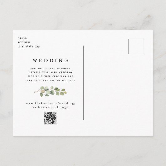 Elegant zwart-wit Eucalyptus Save the Date QR Aankondigingskaart (Achterkant)