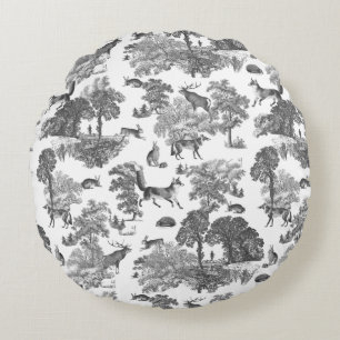 Elegant Zwart Wit Fox Konijn Woodland Toile Rond Kussen