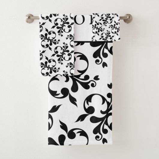 Elegant zwart-wit Frans Damaskpatroon Bad Handdoek (Insitu)