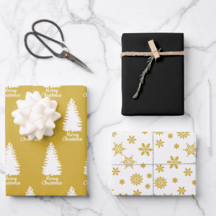Elegant Zwart Wit & Geel Vrolijk Kerstfeest Inpakpapier Vel