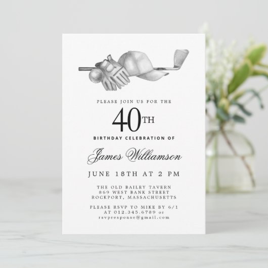 Elegant Zwart Wit Golf 40e Verjaardagsfeest Kaart (Staand voorkant)