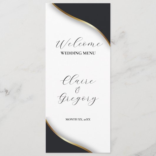 Elegant Zwart Wit Goud Bruiloft Menu (Voorkant)
