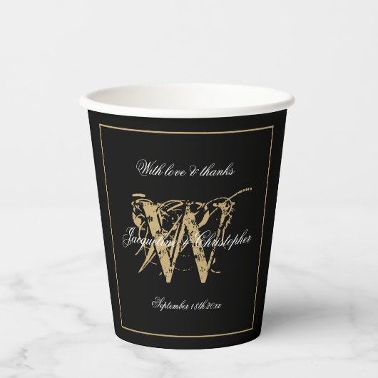 Elegant Zwart Wit Goud Bruiloft Monogram Naam Papieren Bekers (Voorkant)