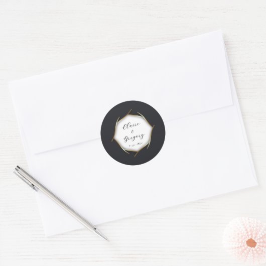 Elegant Zwart Wit Goud Bruiloft Ronde Sticker (Envelop)