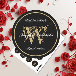 Elegant zwart wit goud Monogram Naam Chic Script Ronde Sticker