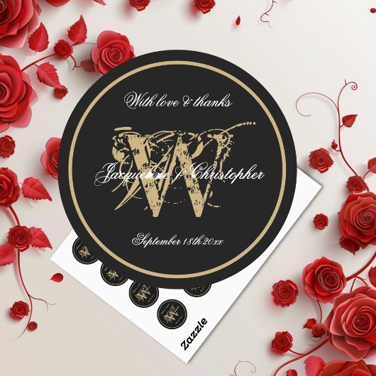 Elegant zwart wit goud Monogram Naam Chic Script Ronde Sticker