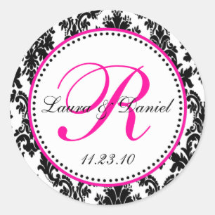 Elegant Zwart Wit Heet Roze Damast Bruiloft Ronde Sticker