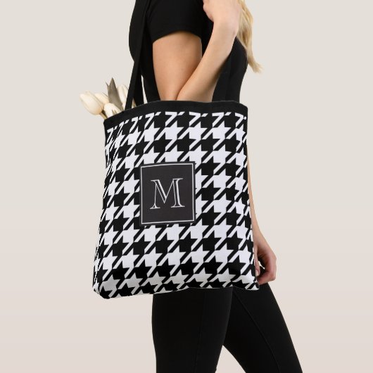 Elegant zwart-wit Houndstooth Monogram Draagtas (Dichtbij)