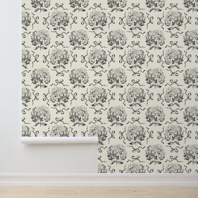 Elegant  Zwart Wit Hydrangea Bow Pattern Behang (Applicatie)