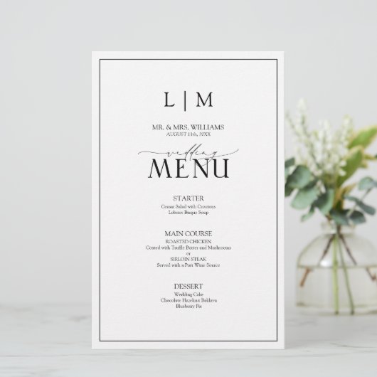 Elegant zwart-wit kalligrafie Monogram Menu (Staand voorkant)