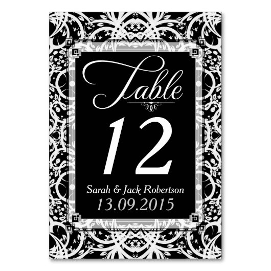 Elegant Zwart Wit Kant Bruiloft Tafel Nummer Kaart (Voorkant)