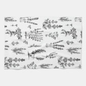 Elegant zwart wit kruiden tuin patroon theedoek (Horizontaal)