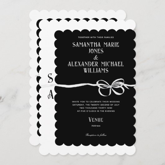 Elegant zwart wit lint boog monogram bruiloft kaart (Voorkant / Achterkant)