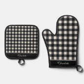Elegant Zwart & Wit Lumberjack Plaid Custom Ovenwant & Pannenlap Set (Voorkant)