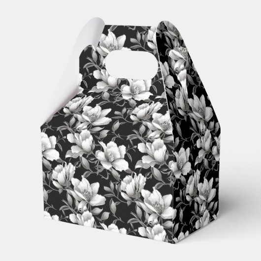 Elegant zwart wit Magnolia bloem betegeld Bedankdoosjes (Achterkant)
