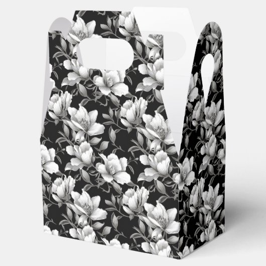 Elegant zwart wit Magnolia bloem betegeld Bedankdoosjes (Geopend)