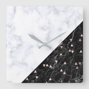 elegant zwart wit marmer roos goud geometrisch vierkante klok