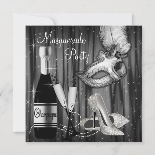 Elegant zwart wit Masquerade Party Kaart (Voorkant)