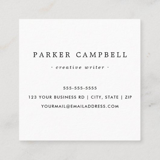 Elegant zwart-wit minimalistisch vierkante visitekaartje (Achterkant)