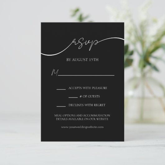 Elegant Zwart-Wit Modern Script Bruiloft RSVP Informatiekaartje (Staand voorkant)