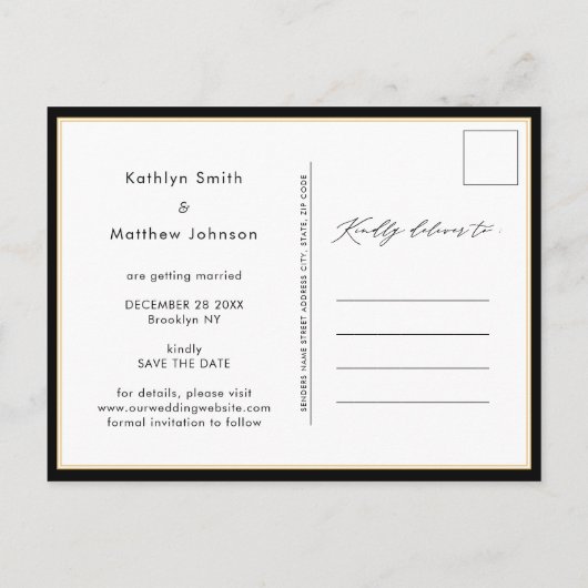 Elegant zwart wit modern script slaat de datum op aankondigingskaart (Achterkant)