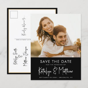 Elegant zwart wit modern script slaat de datum op aankondigingskaart