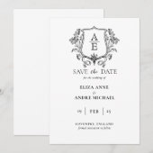 Elegant zwart-wit monogram blad wapen Huwelijk Save The Date (Voorkant / Achterkant)