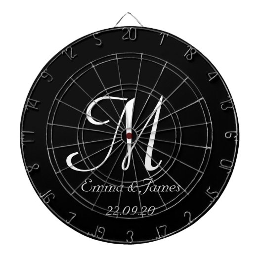 Elegant Zwart & Wit Monogram Initiaal Naam Custom Dartbord (Voorkant)