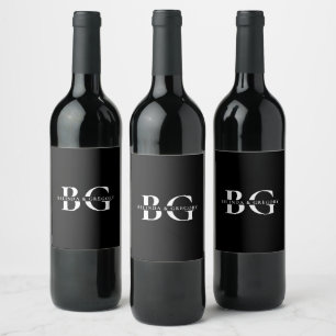 Elegant Zwart-wit Monogram Initialen Bruiloft Wijn Etiket