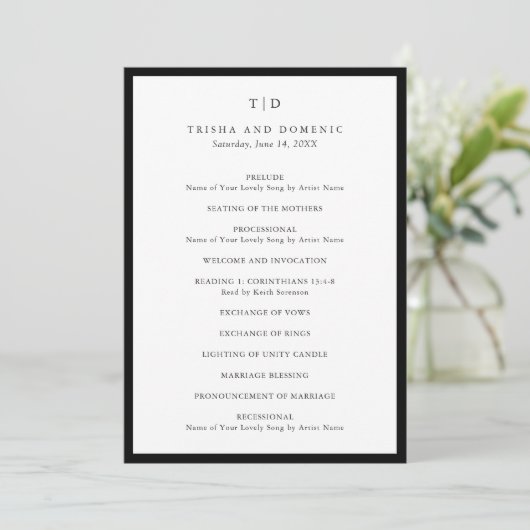 Elegant zwart-wit monogram moderne bruiloft programma (Staand voorkant)