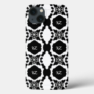 Elegant zwart-wit monogram patroon iPhone 13 hoesje