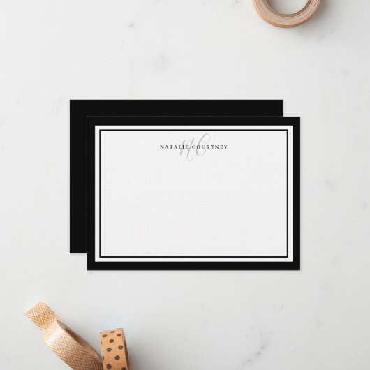 Elegant zwart-wit monogram script twee rand notitiekaartje (Voorkant / Achterkant in situ)