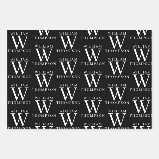 Elegant Zwart & Wit Monogrammed Naam Initiaal Inpakpapier Vel (Voorkant 2)