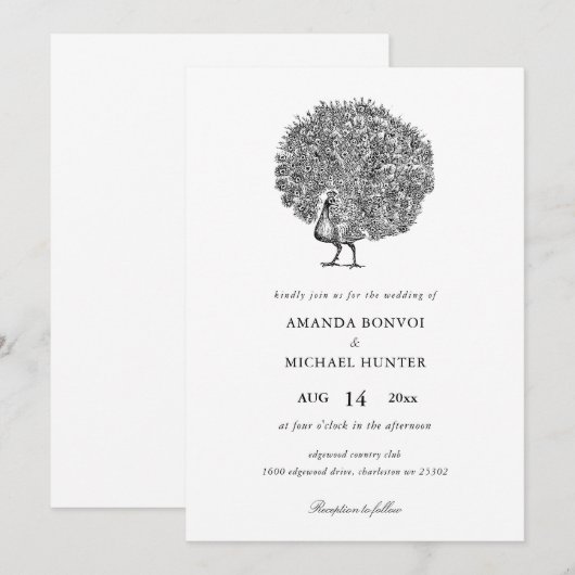 Elegant Zwart Wit Peacock Invitation Kaart (Voorkant / Achterkant)