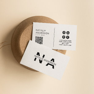 Elegant Zwart & Wit QR Code Modern Monogram Logo Visitekaartje