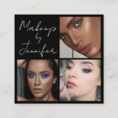 Elegant zwart wit script 3 foto make-up vierkante visitekaartje (Voorkant)