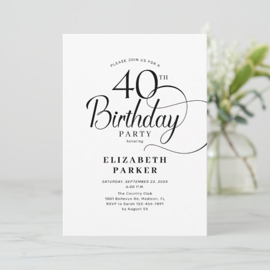 Elegant zwart wit script 40ste verjaardag kaart (Staand voorkant)