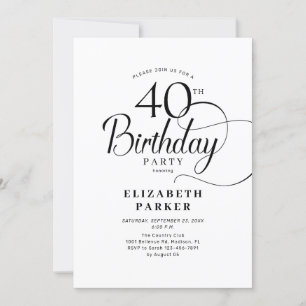 Elegant zwart wit script 40ste verjaardag kaart