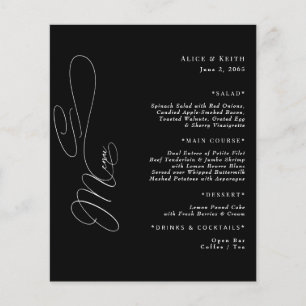 Elegant Zwart & Wit Script Bruiloft Menu