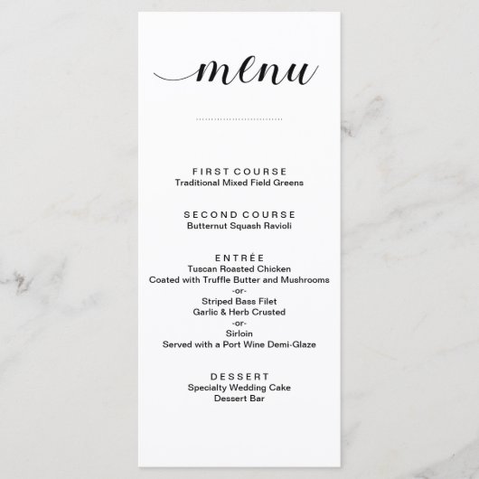 Elegant Zwart-Wit Script Bruiloft Menu Kaarten (Voorkant)