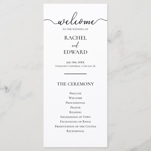 Elegant Zwart & Wit Script bruiloft Programma (Voorkant)