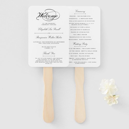Elegant Zwart & Wit Script bruiloft programma Handwaaier (Voorkant en achterkant)