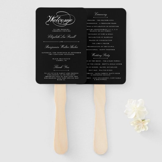 Elegant Zwart & Wit Script bruiloft programma Handwaaier (Voorkant en achterkant)