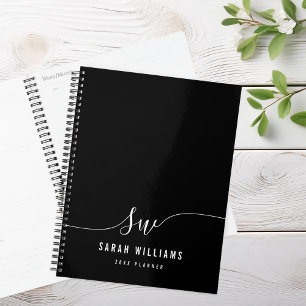 Elegant zwart-wit script Initiaal Monogram Planner