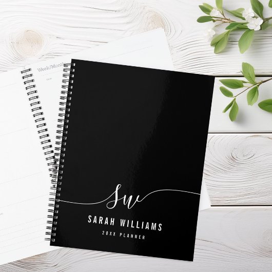 Elegant zwart-wit script Initiaal Monogram Planner