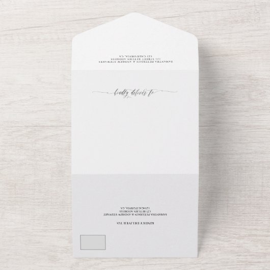 Elegant zwart wit script moderne fotobruiloft all in one uitnodiging (Buitenkant)