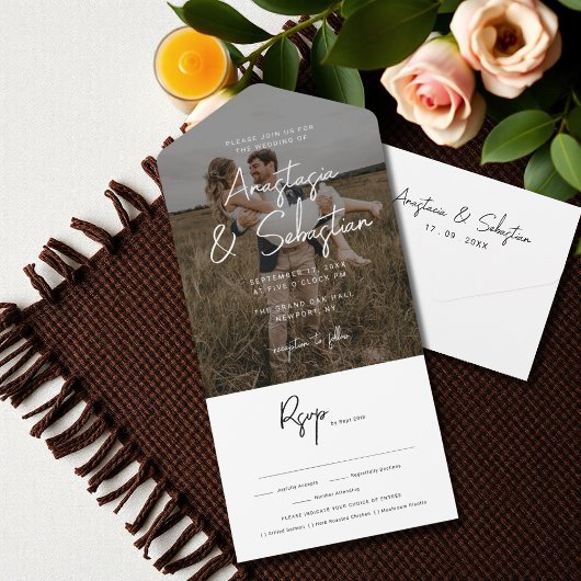 Elegant zwart-wit script RSVP Photo Wedding V2 All In One Uitnodiging