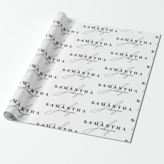Elegant Zwart & Wit Signature Script Cadeaupapier (Uitgerold)