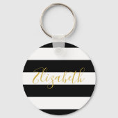 Elegant Zwart-Wit Strepen Goud Naam Script Sleutelhanger (Voorkant)