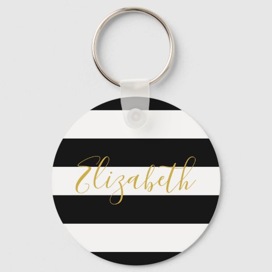 Elegant Zwart-Wit Strepen Goud Naam Script Sleutelhanger (Voorkant)